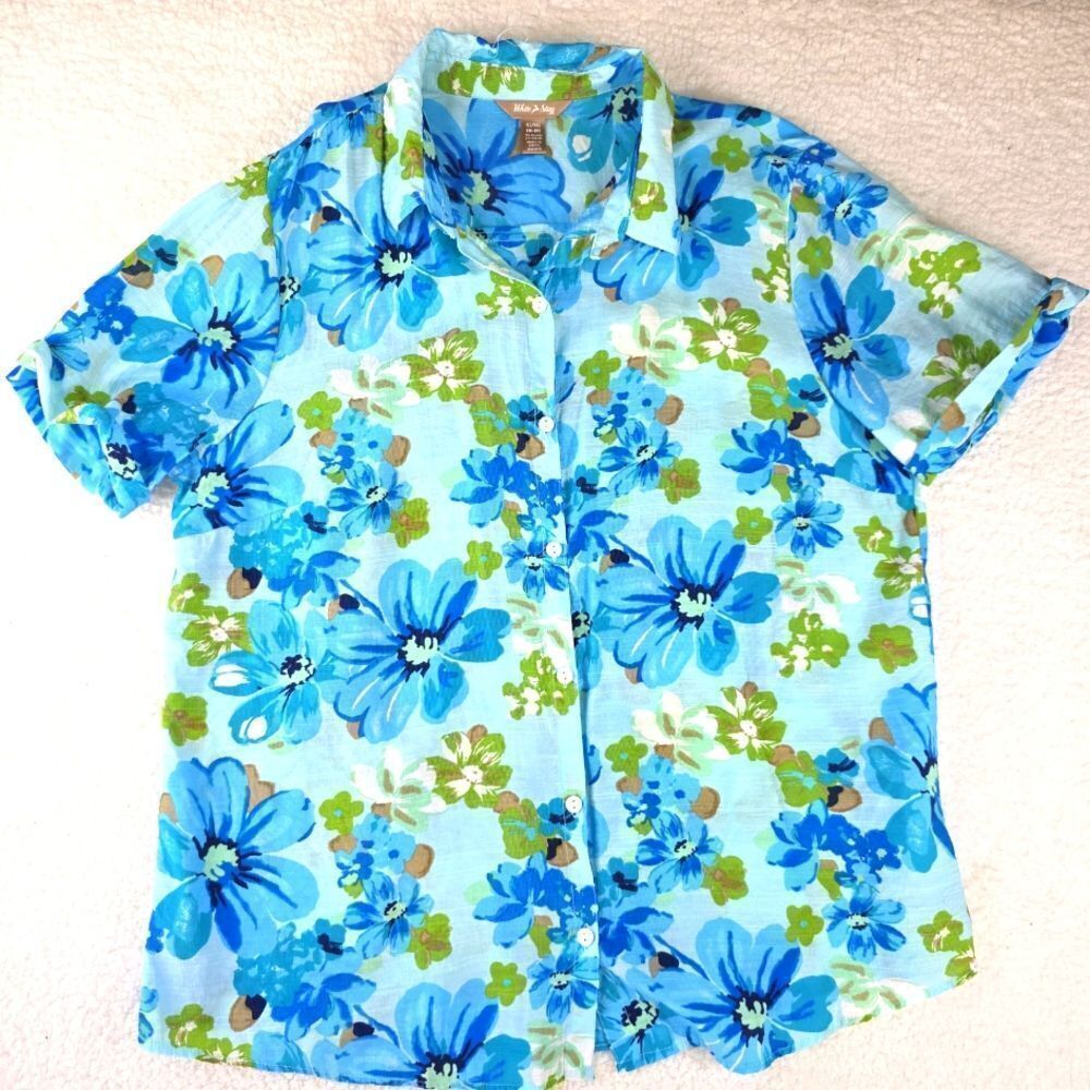 White Stag Blue and Green Casual Button Down Shirt with Tropical Flair Size XL